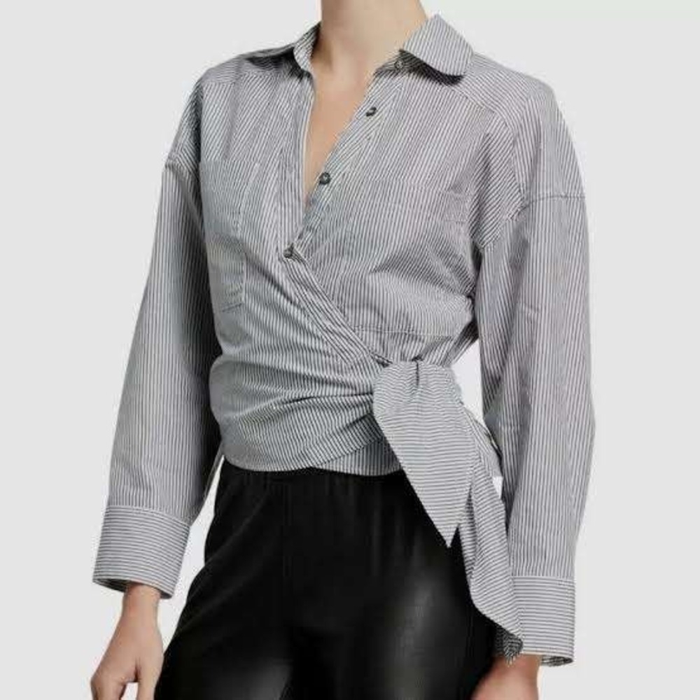 IRO Kensing Striped Tie-front Button Down Women XS Black White Wrap Blouse